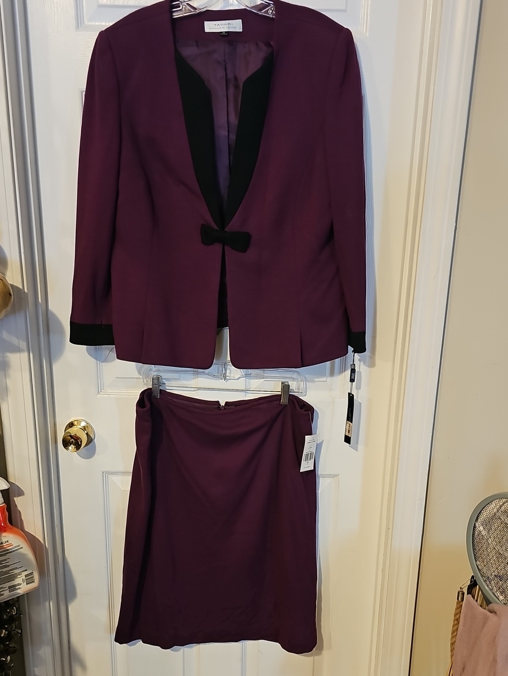 Tahari ASL Purple Women's Skirt Suit with Black Trim Size 18 Top 16 Bottom